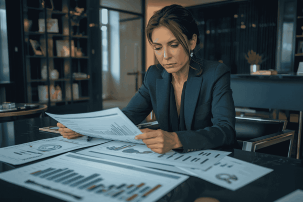 Business owner reviewing wealth and capital planning reports