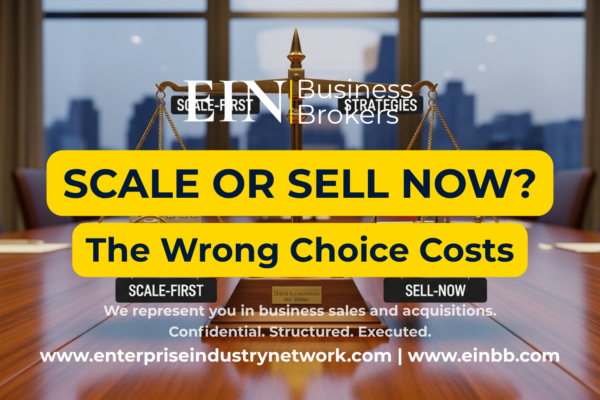 EIN Business Brokers video explaining whether U.S. business owners should sell or scale their business based on value, growth potential, risk, and exit readiness.