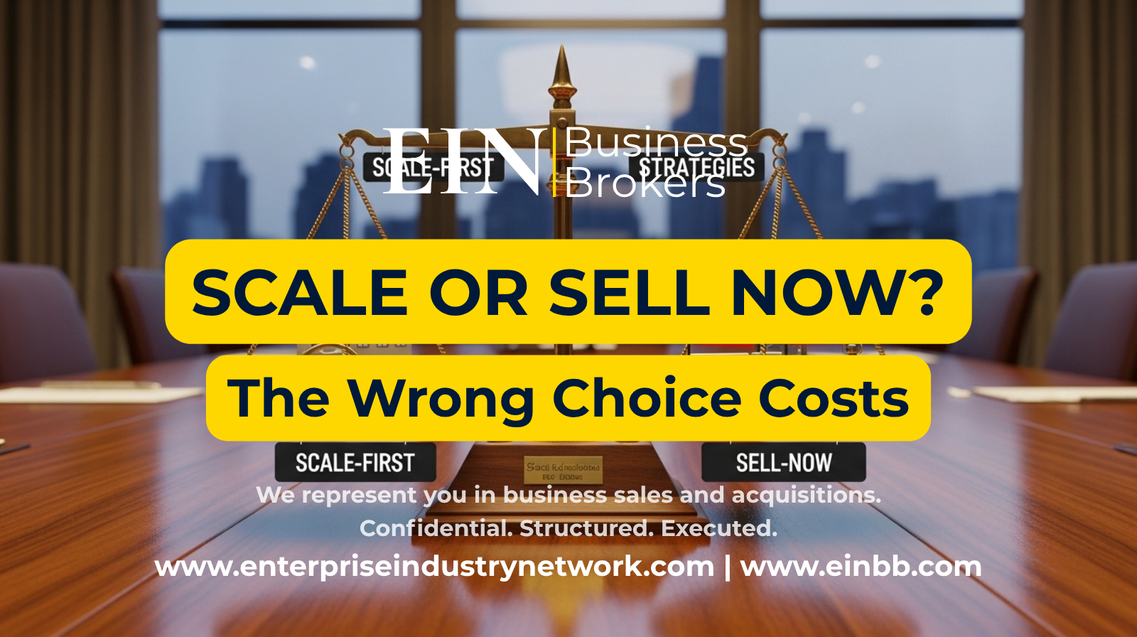EIN Business Brokers video explaining whether U.S. business owners should sell or scale their business based on value, growth potential, risk, and exit readiness.