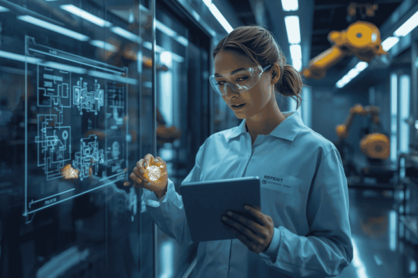 Engineers working with advanced materials in lab