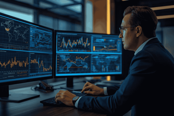 Executive reviewing AI automation systems and workflow analytics