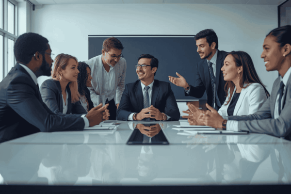 Executive leadership team discussing business confidence and strategy