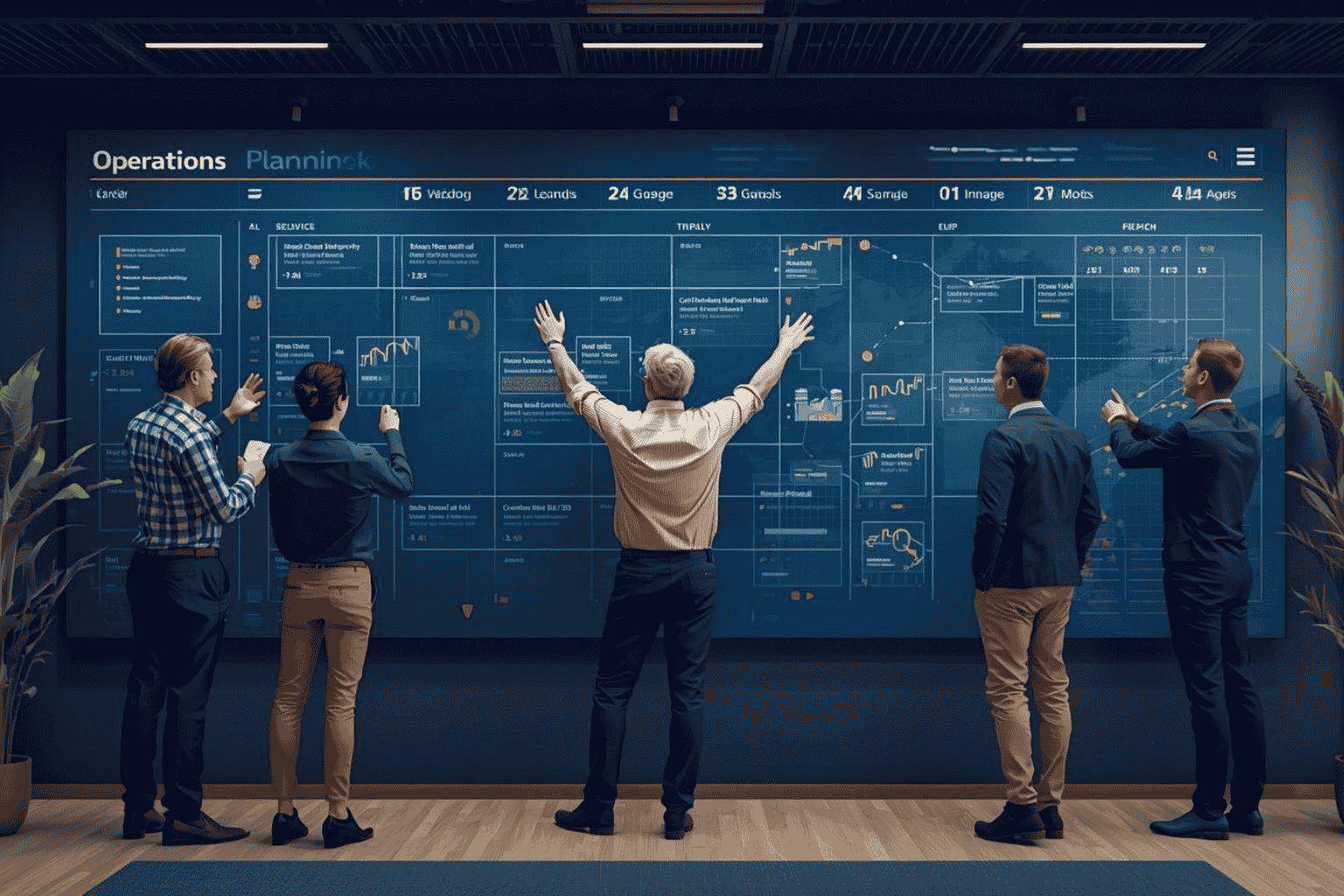 Business team reviewing capacity planning and resource allocation for growth