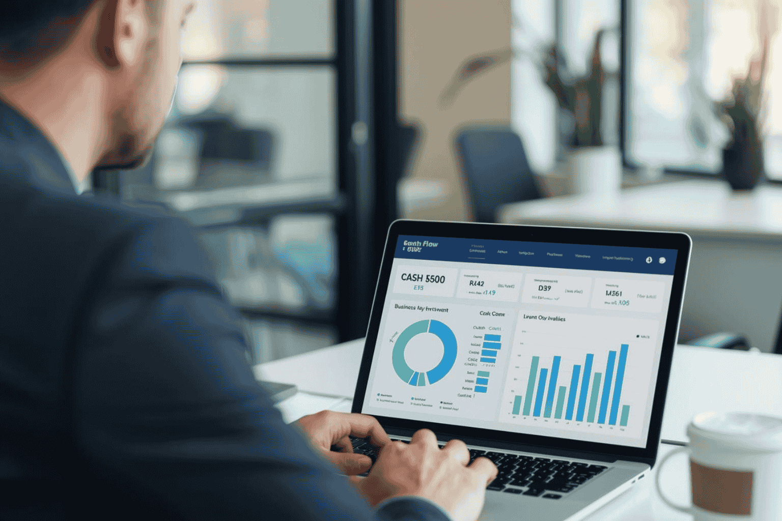 Business owner reviewing cash flow analytics dashboard