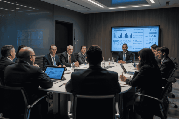 Investors collaborating in co-investment partnership meeting