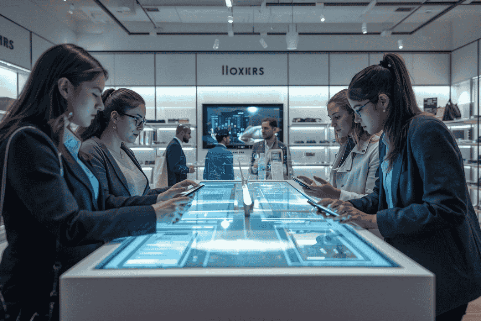 Customers using digital payments in modern retail environment