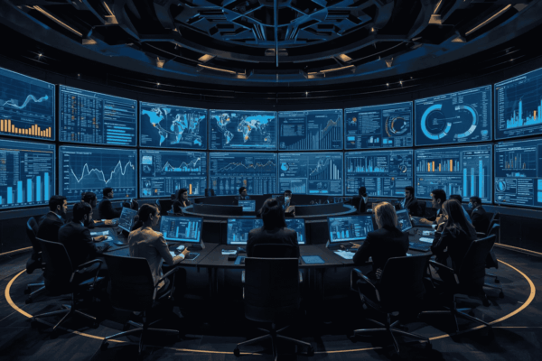 Leadership team reviewing cross-functional reporting dashboards for business visibility