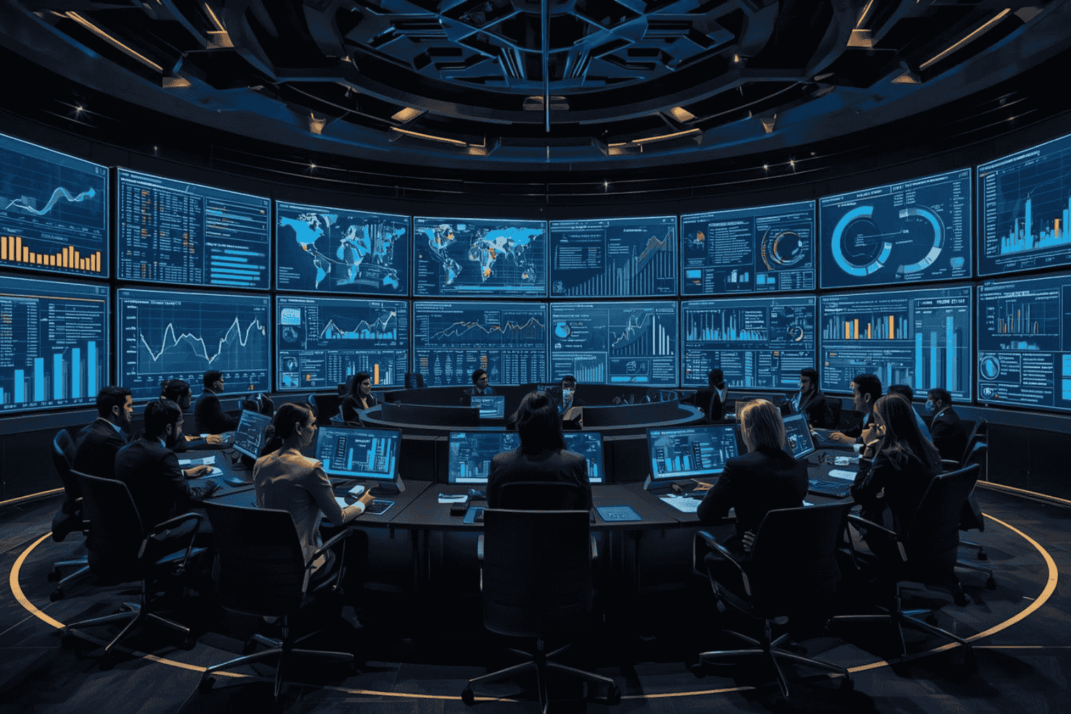 Leadership team reviewing cross-functional reporting dashboards for business visibility