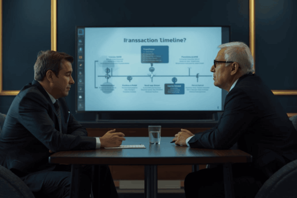 Business seller and broker reviewing a structured transaction process