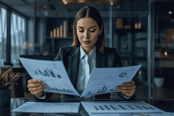 Business owner reviewing financial statements and cash flow insights