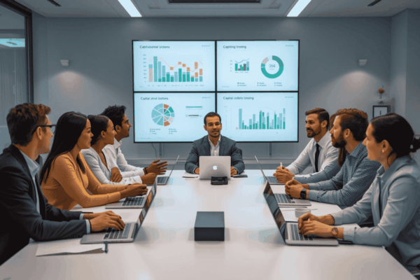 Business leaders discussing flexible capital structure strategy