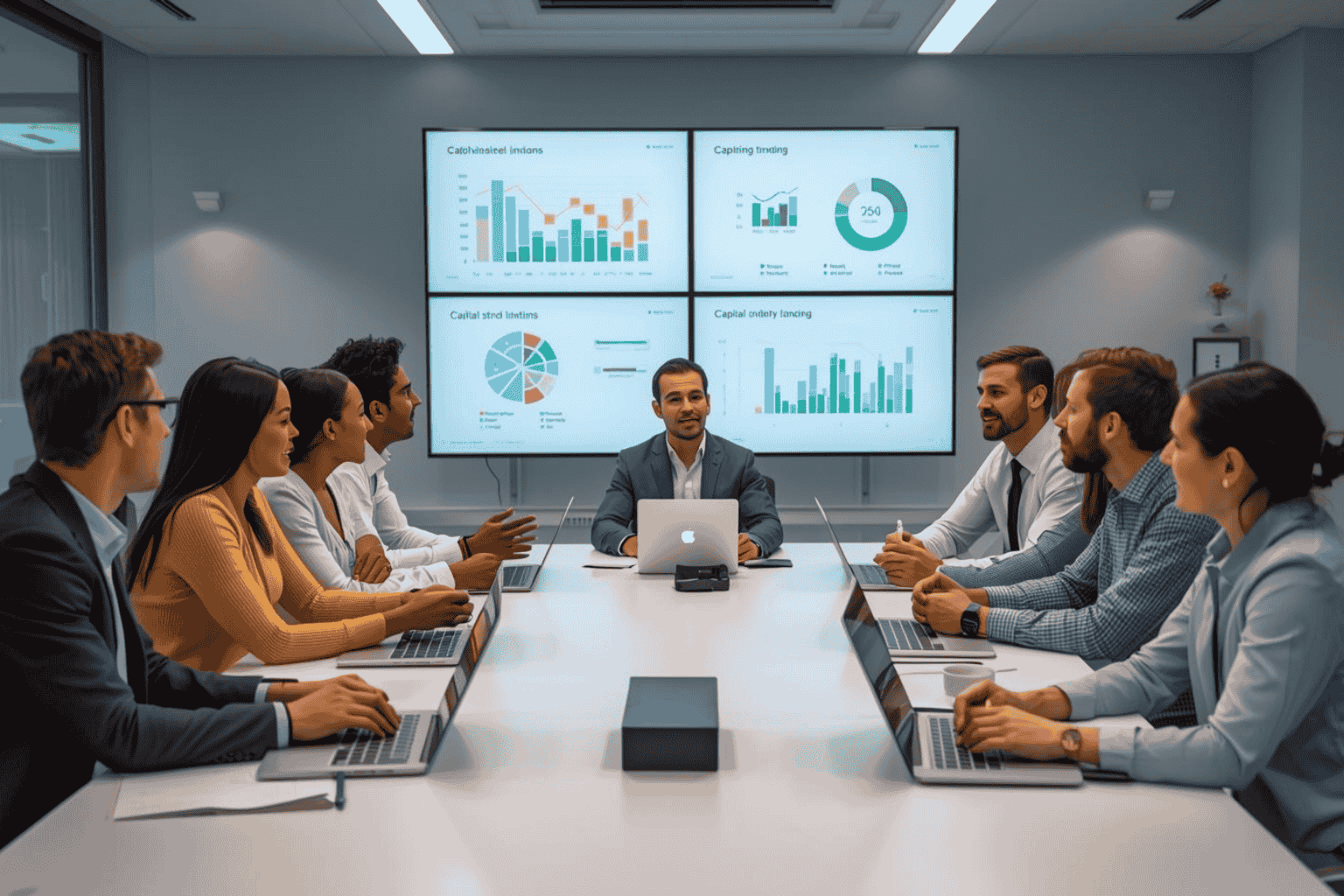 Business leaders discussing flexible capital structure strategy