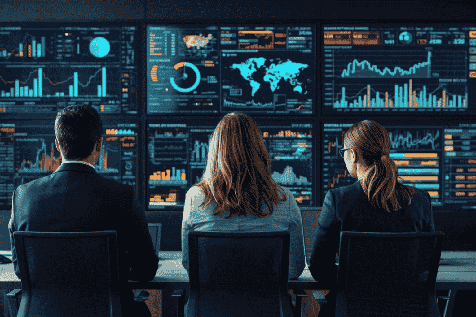 Business leaders reviewing broad industry reports and sector trends