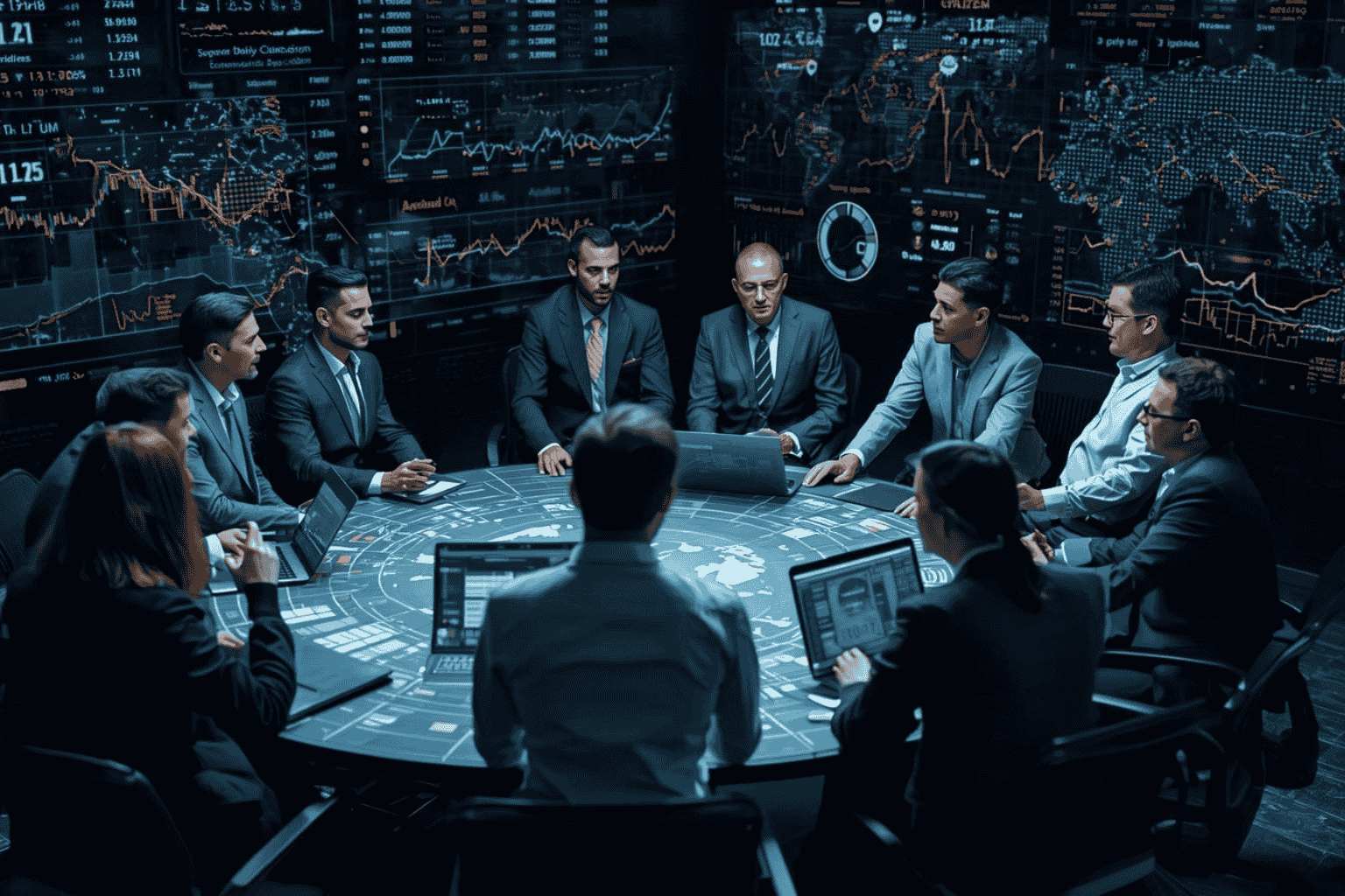 Analysts reviewing global economic indicators