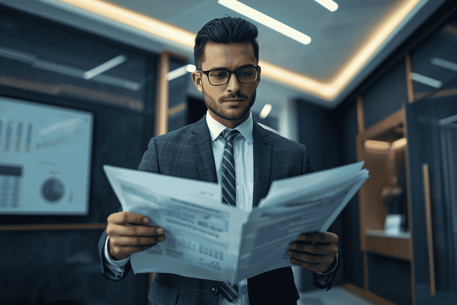 Healthcare executive reviewing business performance and compliance metrics