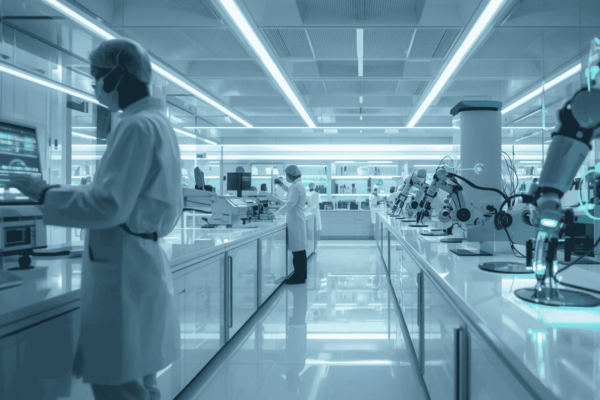 Scientists working in advanced healthcare research laboratory