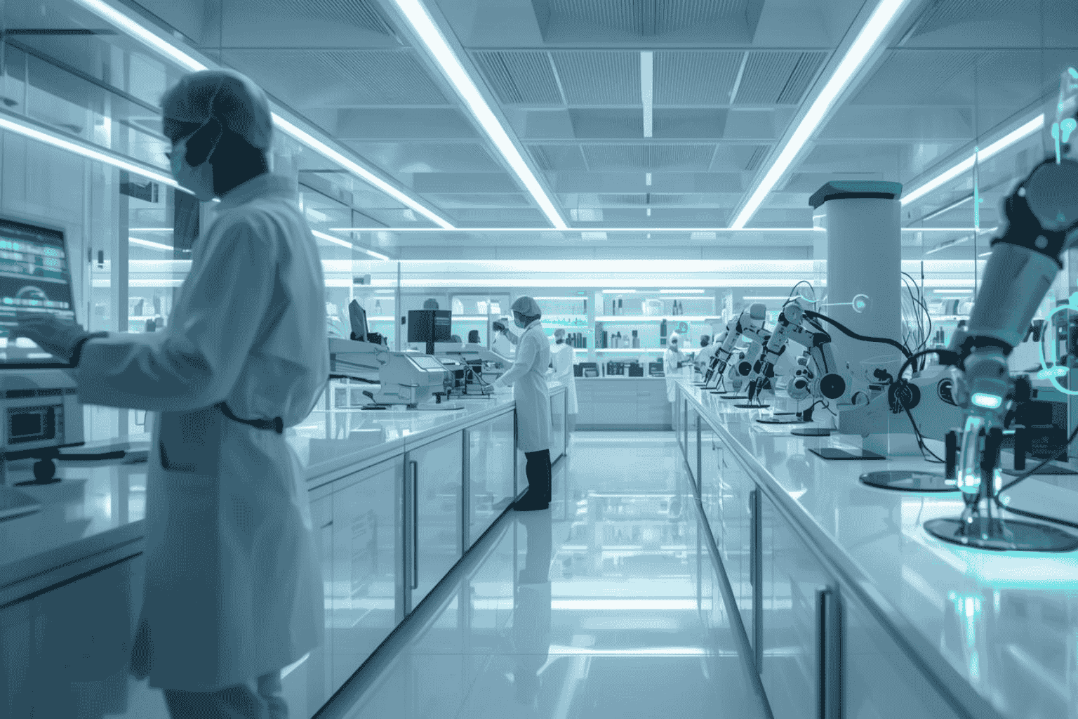 Scientists working in advanced healthcare research laboratory