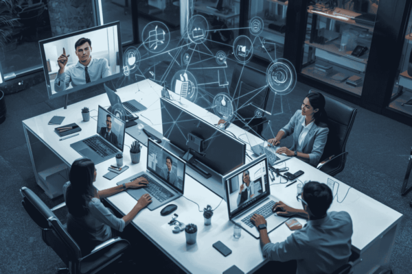 Employees collaborating in hybrid work environment