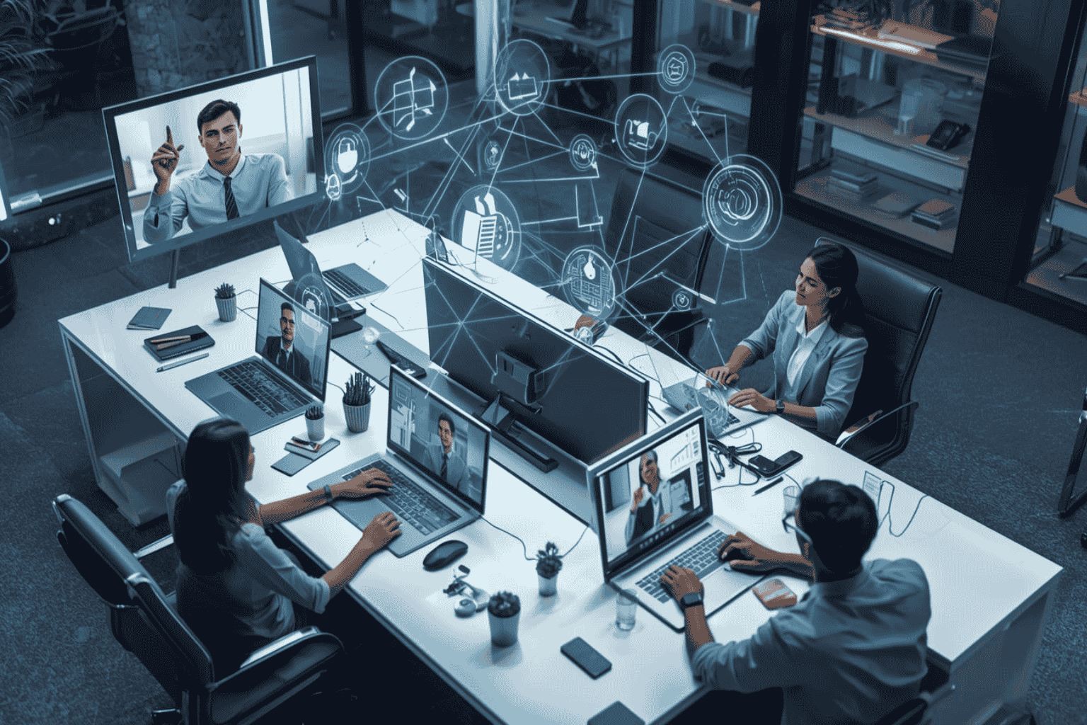 Employees collaborating in hybrid work environment