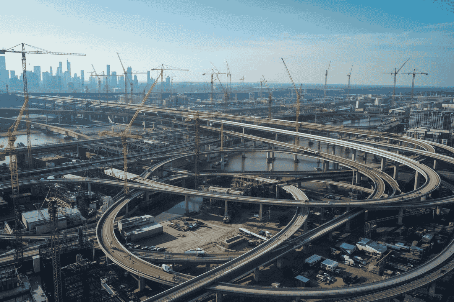 Large infrastructure development project with cranes and construction activity