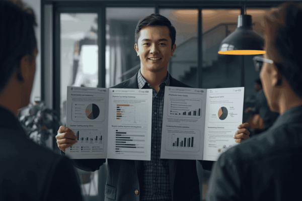 Startup founder preparing a structured investor update with metrics and milestone progress