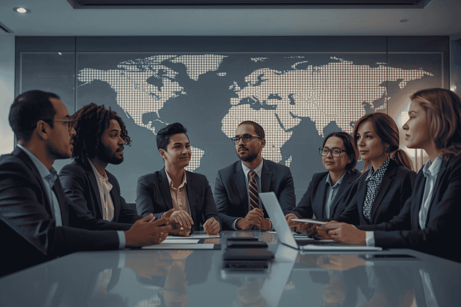 Global leadership team discussing strategy in modern office