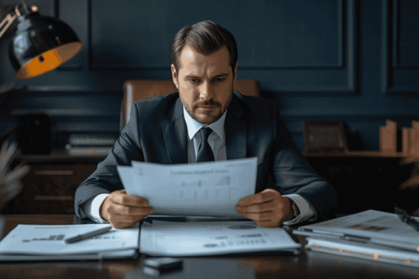 Lender reviewing business reports to evaluate financeability