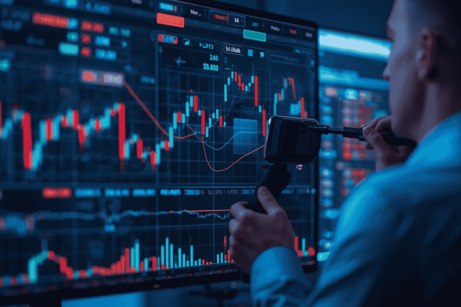 Investor analyzing volatile stock market data