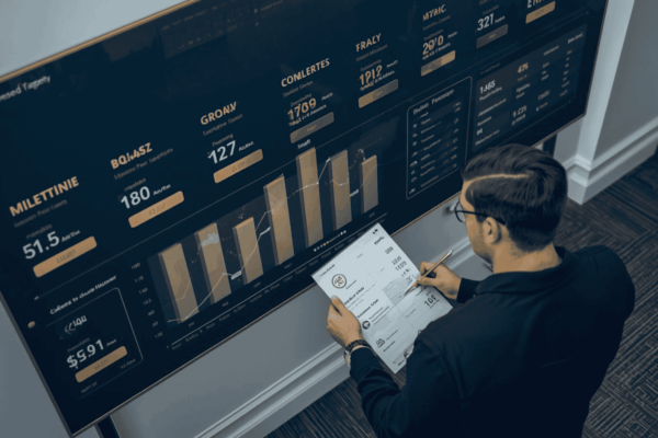 Startup founder reviewing milestones and investor progress dashboard