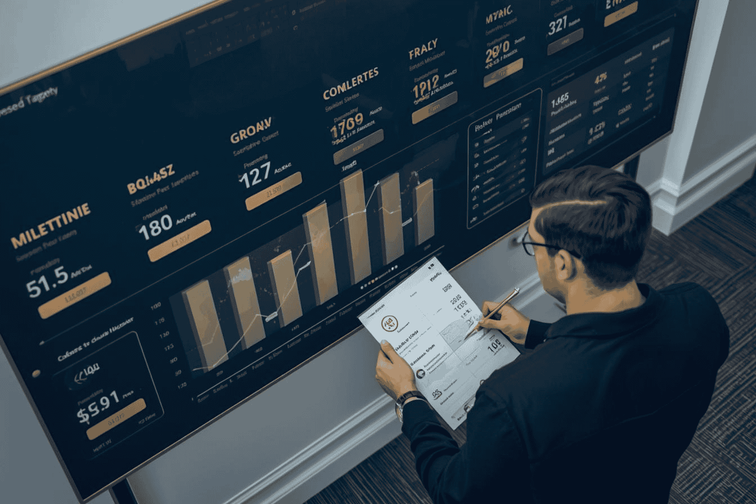 Startup founder reviewing milestones and investor progress dashboard