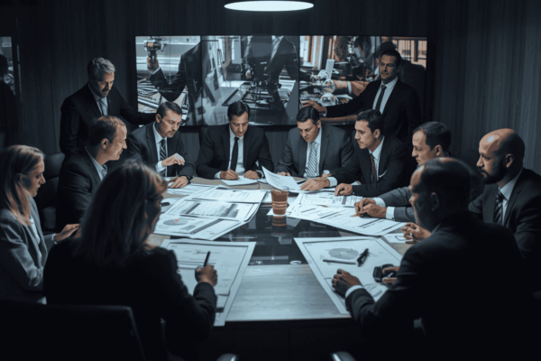 Executives and advisors planning corporate restructuring strategy