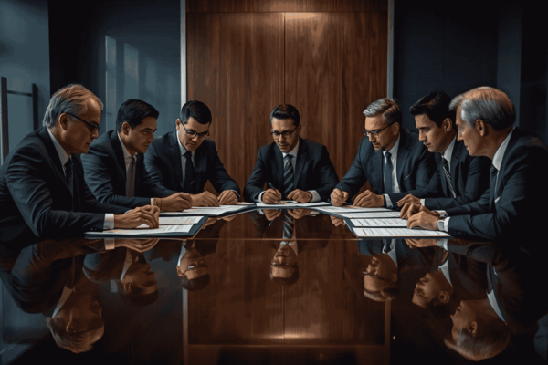 Business founders reviewing ownership structure and investment documents