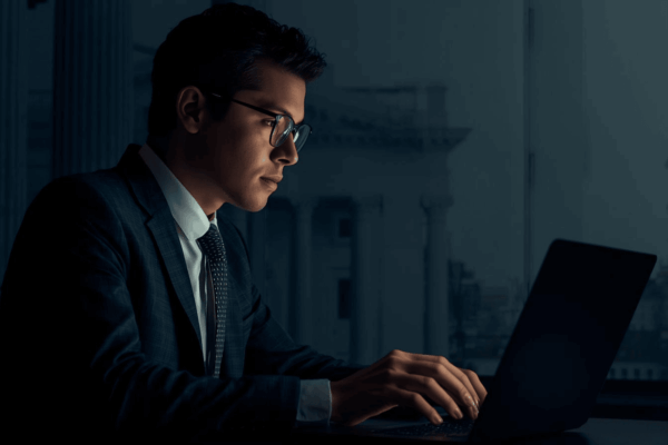 Executive reviewing political updates affecting business confidence