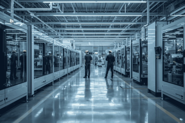 Engineers optimizing production processes in factory