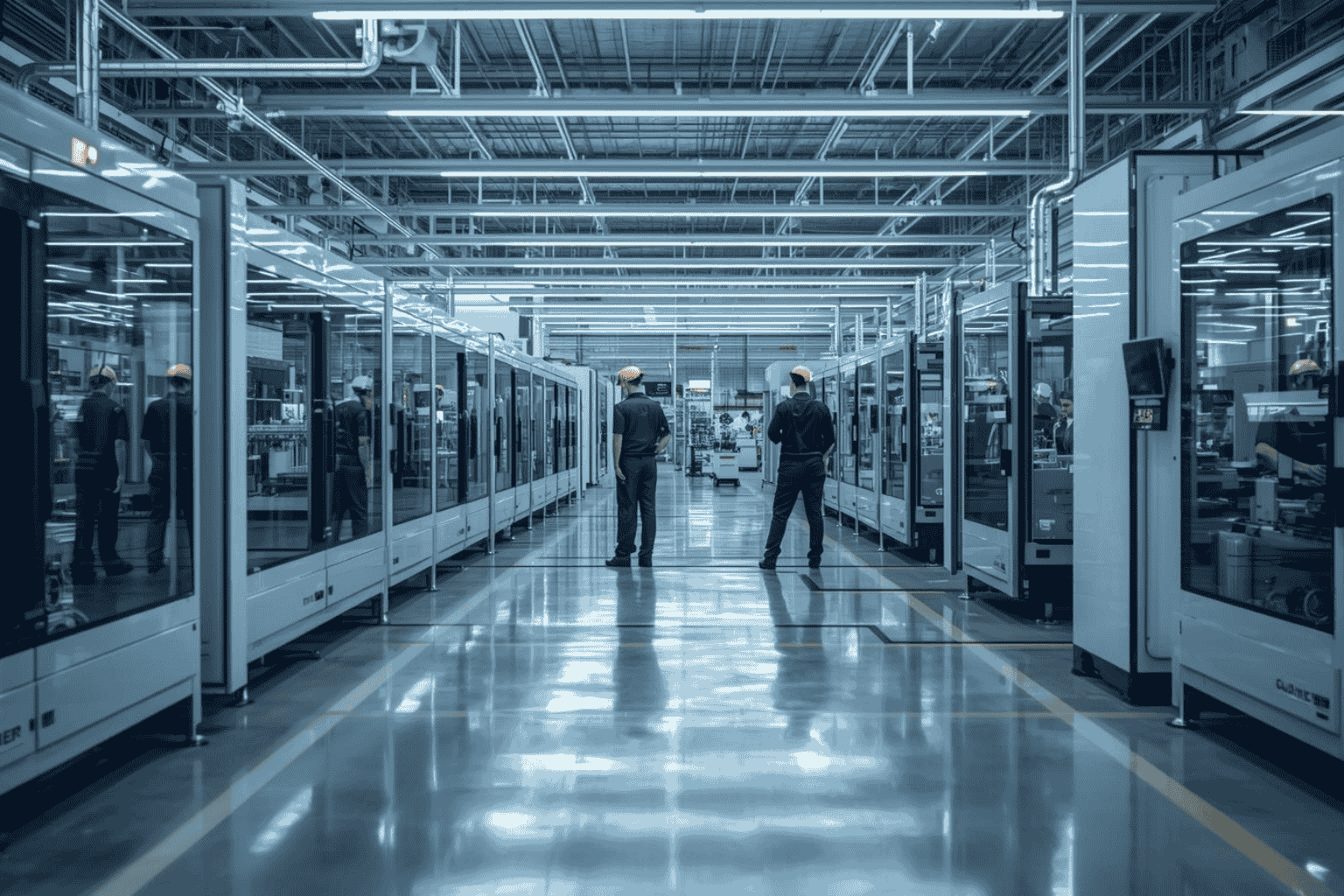 Engineers optimizing production processes in factory