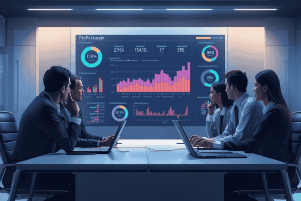 Business leaders analyzing profitability metrics dashboard