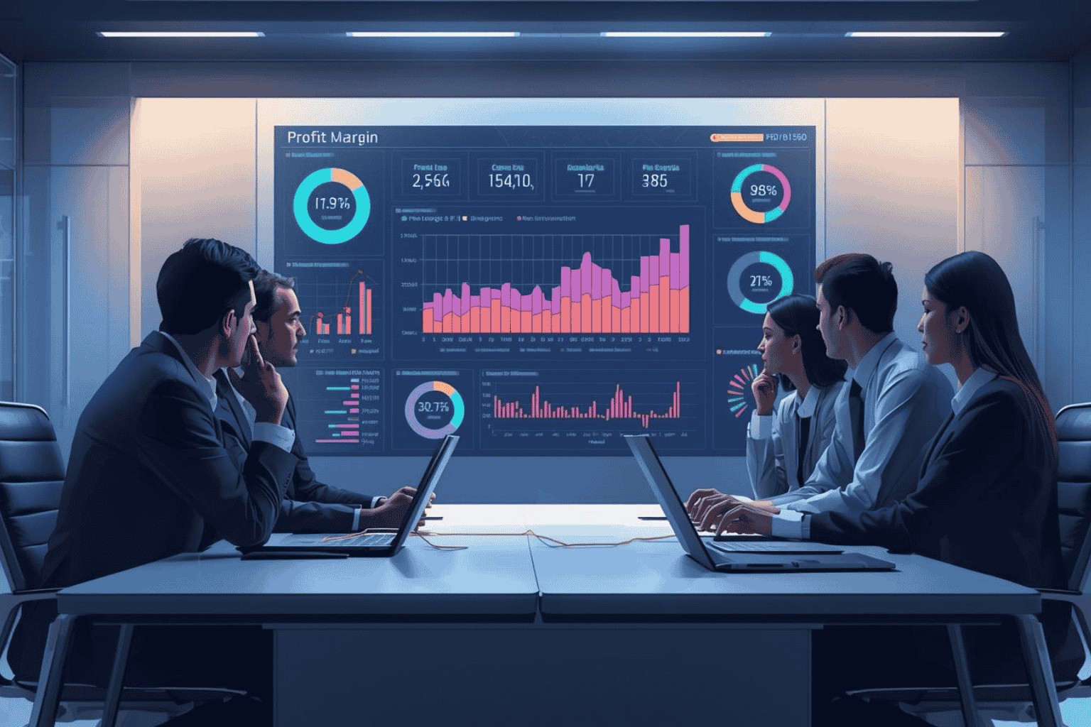 Business leaders analyzing profitability metrics dashboard
