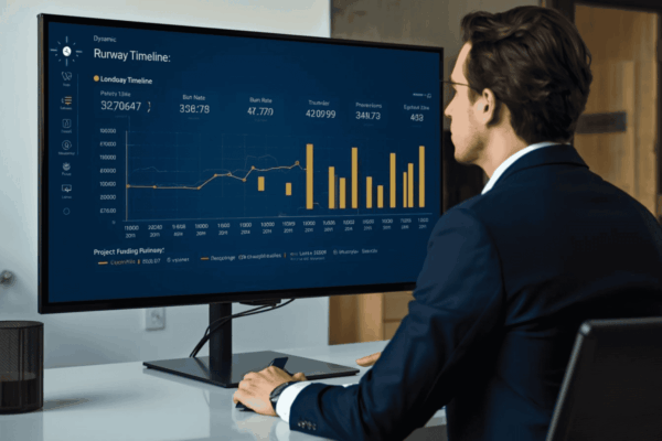 Startup founder reviewing runway timeline and burn rate dashboard before investor discussion