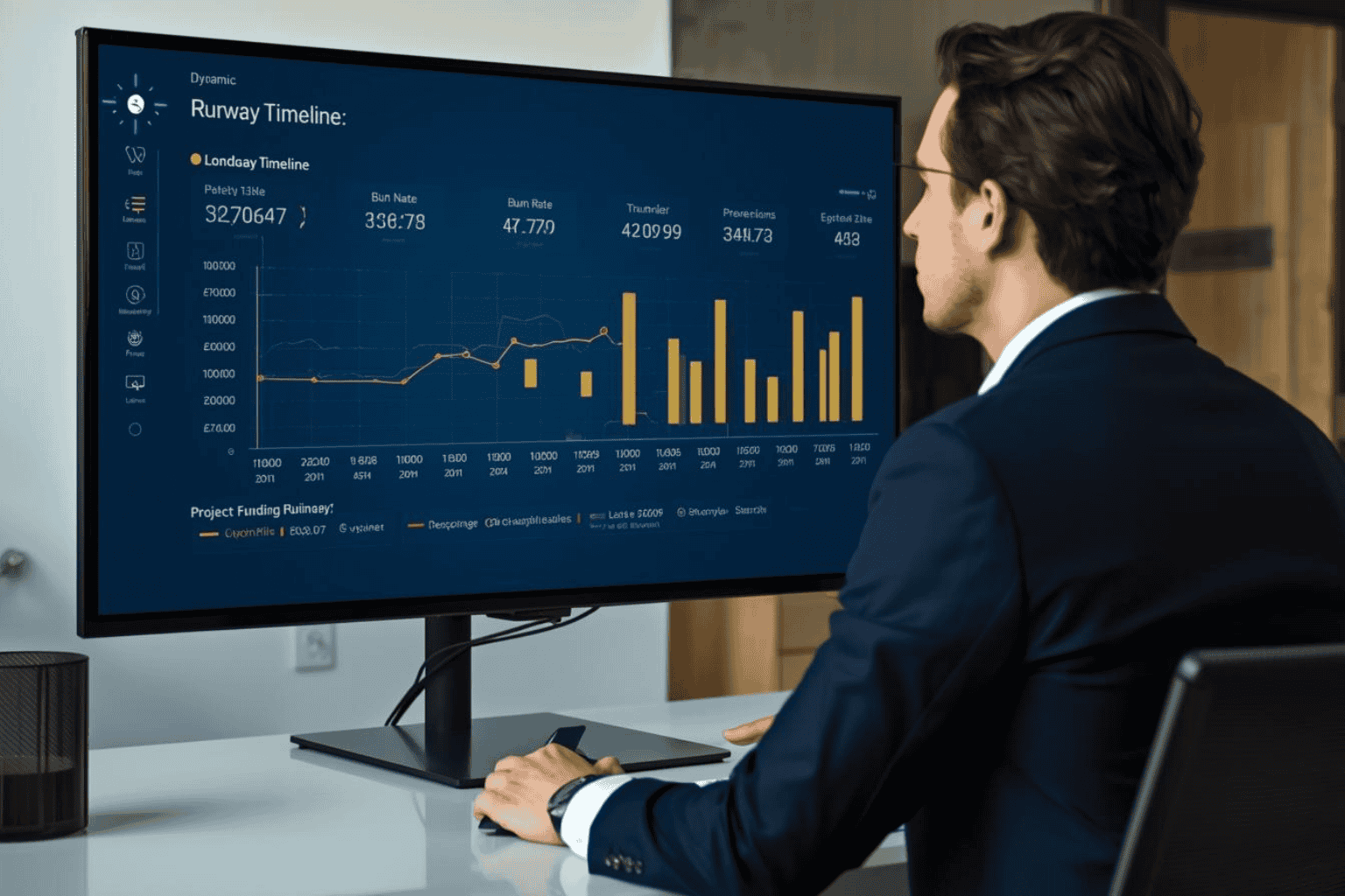 Startup founder reviewing runway timeline and burn rate dashboard before investor discussion