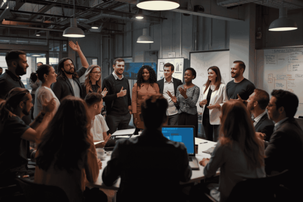 Startup founders presenting to investors in modern innovation hub