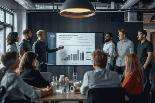 Startup founders presenting innovation strategy and growth metrics