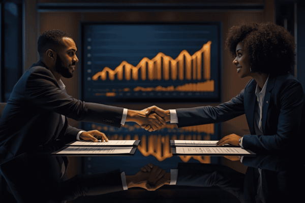 Business leaders reviewing strategic partnership agreement for growth