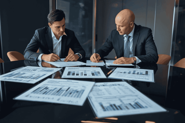 Executives reviewing business valuation strategy and deal documents