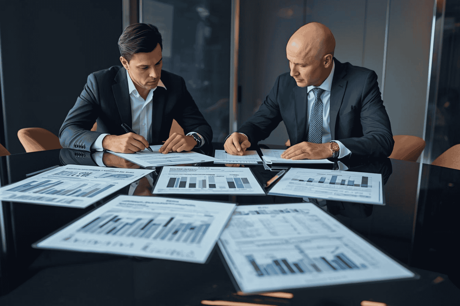 Executives reviewing business valuation strategy and deal documents