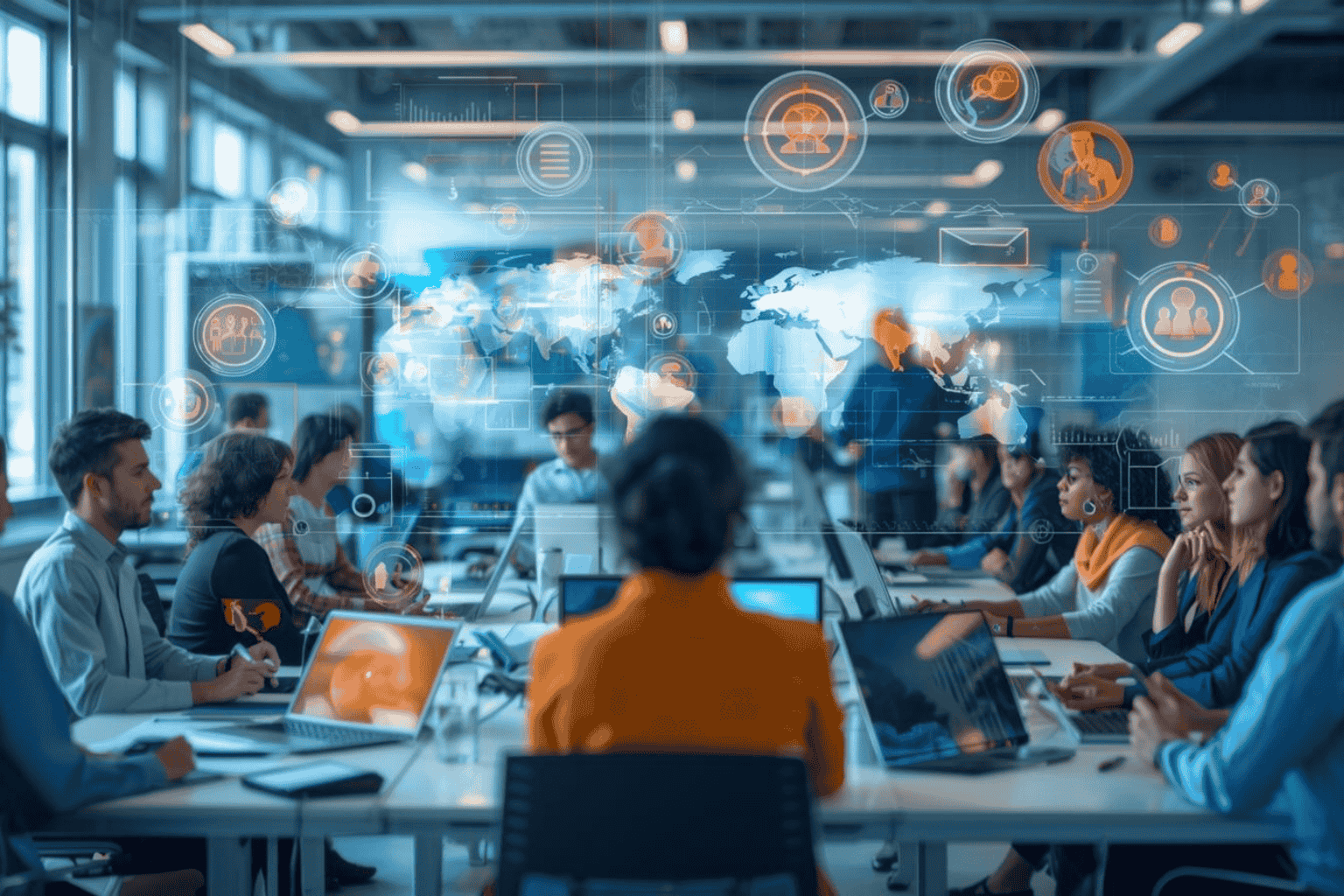 Global teams collaborating in modern digital workplace