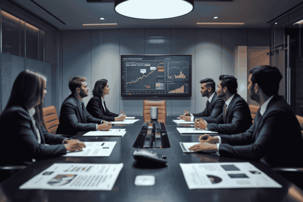 Buyers reviewing add-on acquisition targets in a corporate boardroom