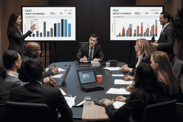 Executives reviewing balance sheet restructuring for deal readiness