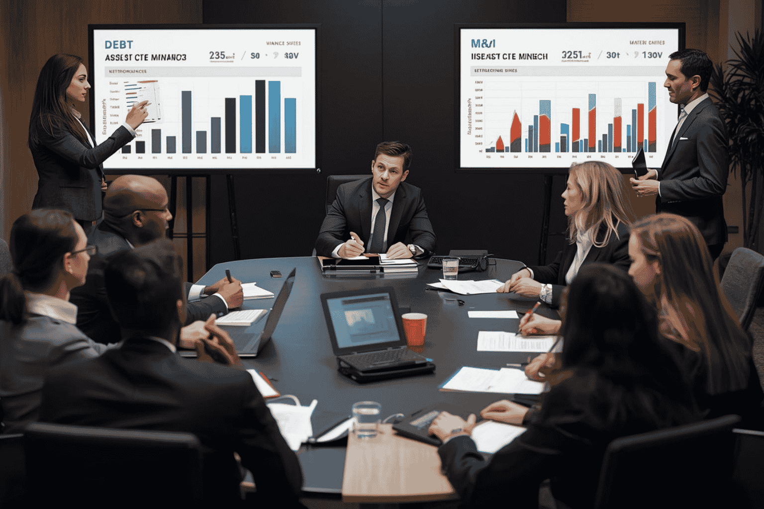 Executives reviewing balance sheet restructuring for deal readiness