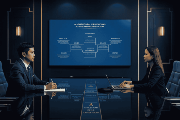 Buyer and seller reviewing business deal alignment with broker