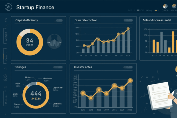 Startup founder reviewing capital efficiency and burn rate dashboard